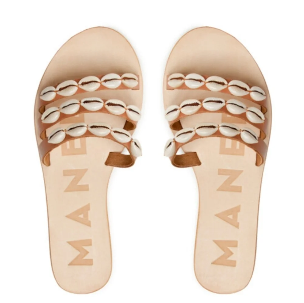 Manebí 'Ibiza' full grain leather and shells slides size 6.5